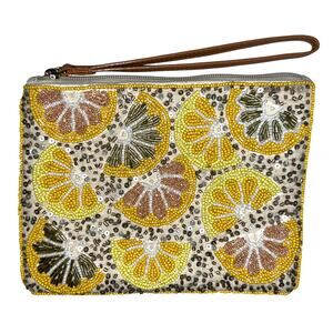 Lulu Beaded Citrus Wristlet Clutch in Yellow, Brown, White